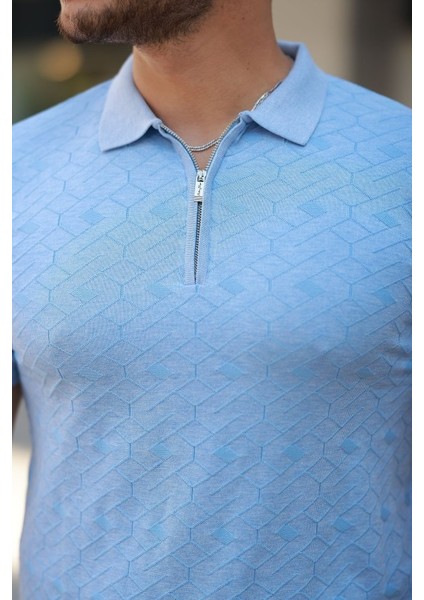 Erkek Fermuar Yakalı Baklava Desen Kısa Kollu Gömlek modelleri