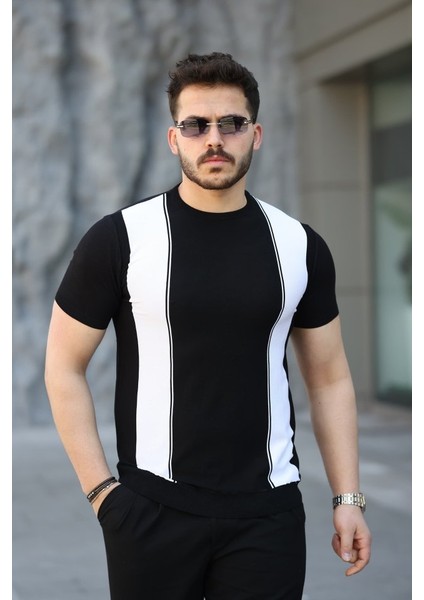 Erkek Viskon Kumaş Bisiklet Yaka Çizgi Desenli Tişört