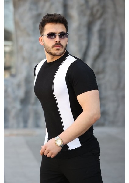 Erkek Viskon Kumaş Bisiklet Yaka Çizgi Desenli Tişört fiyatları