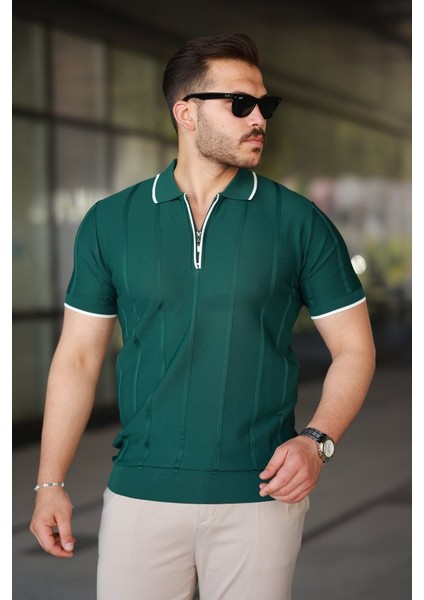 Erkek Dikey Kabartmalı Örgü Dokulu Fermuar Yakalı Tişört