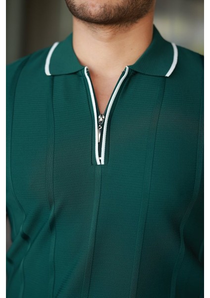 Erkek Dikey Kabartmalı Örgü Dokulu Fermuar Yakalı Tişört modelleri