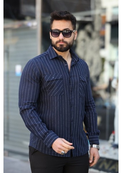 Erkek Pamuklu Çizgi Desenli Cep Detaylı Gömlek fiyatları