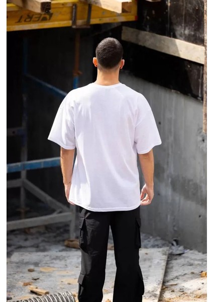 Unisex Bisiklet Yaka Baskılı Oversize T-Shirt - Beyaz fiyatları