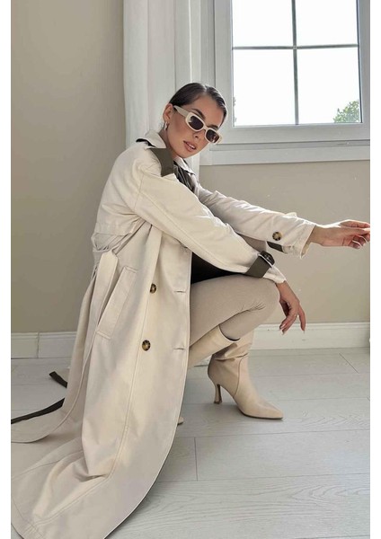 Bej Haki Arkası Çizgili ve Kemerli Trençkot fiyatları