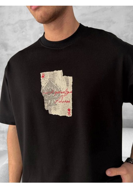 Ön ve Arka Baskılı Oversize Bisiklet Yaka T-Shirt - Siyah
