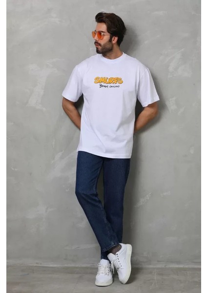 Unisex Bisiklet Yaka Baskılı Oversize T-Shirt - Beyaz fırsatları