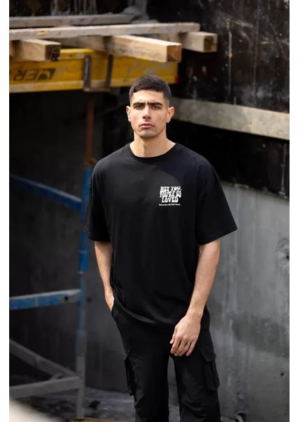 Unisex Bisiklet Yaka Baskılı Oversize T-Shirt - Siyah