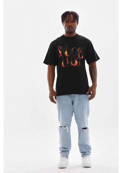 Unisex Baskılı Oversize T-Shirt - Siyah fırsatları