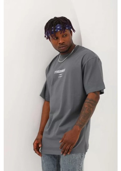 Unisex Oversize Baskılı Bisiklet Yaka T-Shirt - Füme fiyatları