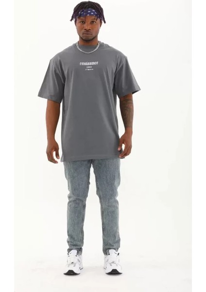 Unisex Oversize Baskılı Bisiklet Yaka T-Shirt - Füme modelleri