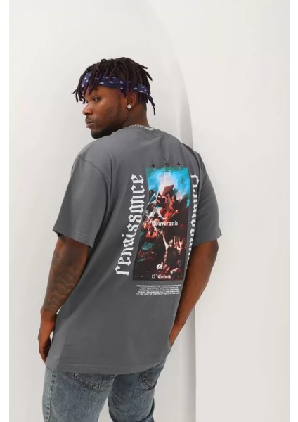 Unisex Oversize Baskılı Bisiklet Yaka T-Shirt - Füme fırsatları