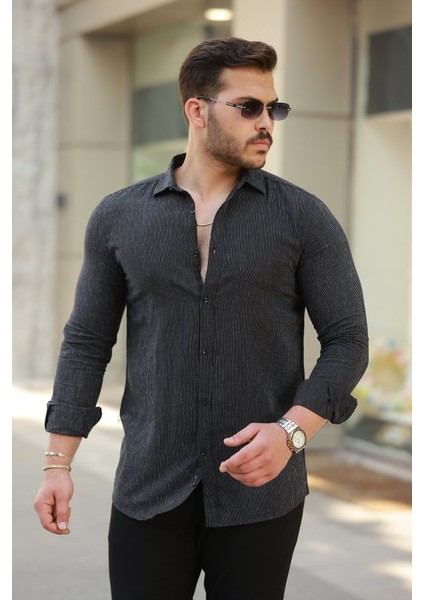Erkek Çizgi Desenli Uzun Kollu Pamuklu Keten Gömlek