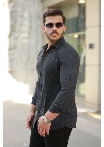 Erkek Çizgi Desenli Uzun Kollu Pamuklu Keten Gömlek fiyatları