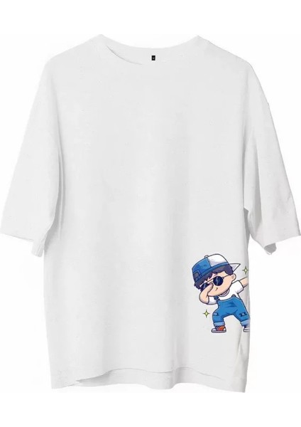 Unisex Bisiklet Yaka Baskılı Oversize T-Shirt - Beyaz