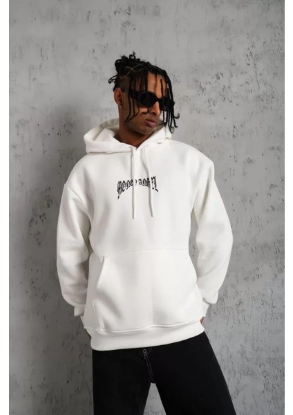 Erkek Kordon Ipli Baskılı Kapüşonlu Sweatshirt - Beyaz