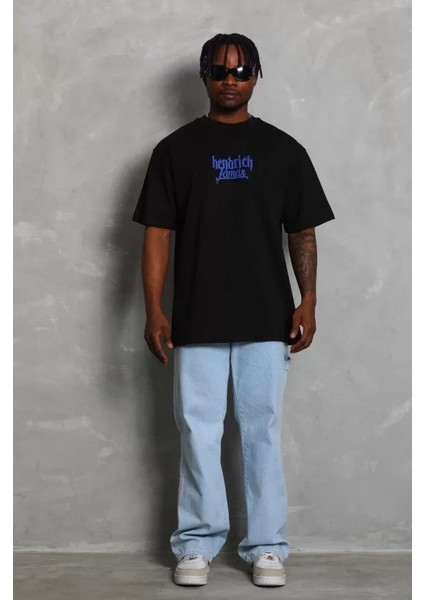 Unisex Oversize Baskılı Bisiklet Yaka T-Shirt - Siyah fırsatları