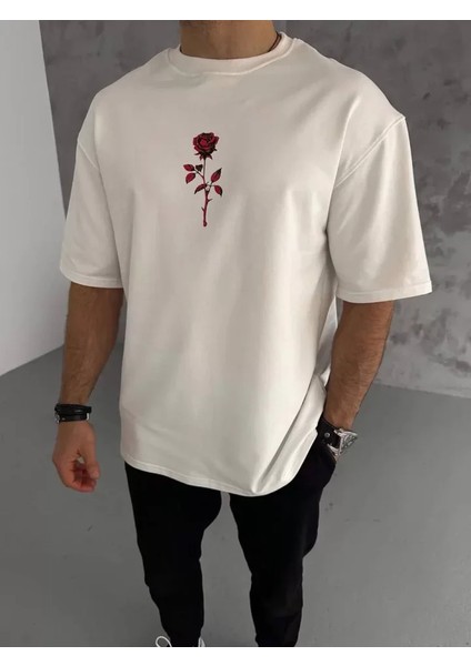 Unisex Bisiklet Yaka Baskılı Oversize T-Shirt - Beyaz