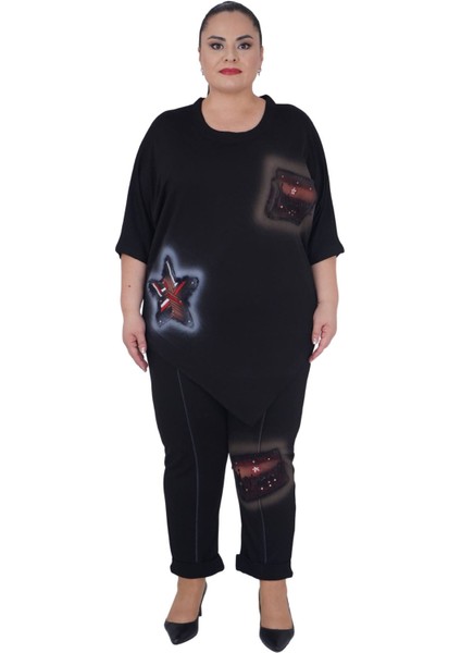 Kadın Büyük Beden Siyah Alt Üst Yıldız Nakışlı İkili Takım - Siyah-50