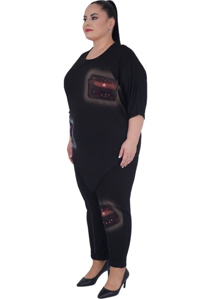 Kadın Büyük Beden Siyah Alt Üst Yıldız Nakışlı İkili Takım - Siyah-50 fiyatları