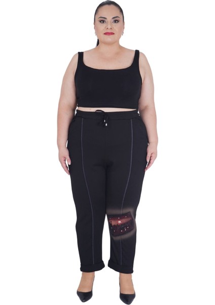 Kadın Büyük Beden Siyah Alt Üst Yıldız Nakışlı İkili Takım - Siyah-50 fırsatları