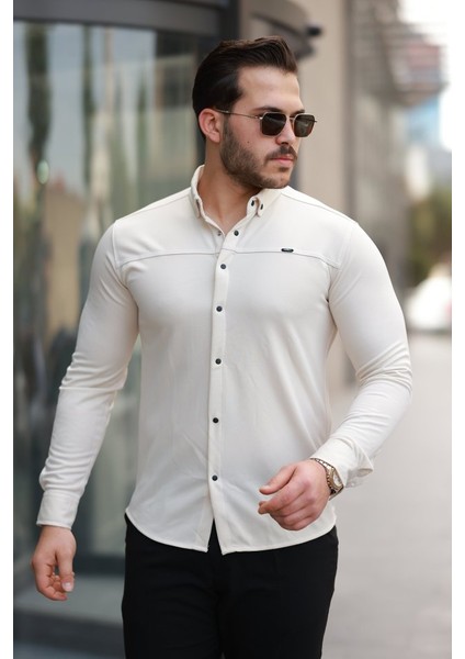 Erkek Çıtçıt Düğmeli Dikiş Detaylı Uzun Kollu Gömlek