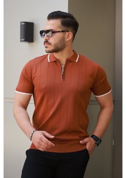 Erkek Fermuar Yakalı Çizgi Dokulu Kısa Kollu Tişört fiyatları
