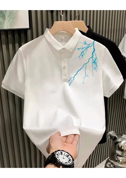 Unisex Yakası Düğmeli Oversize Baskılı T-Shirt - Beyaz