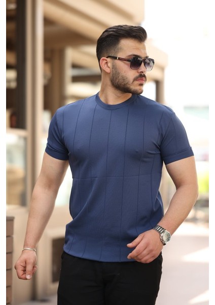 Erkek Ince Çizgi Dokulu Bisiklet Yaka Kısa Kollu T-Shirt