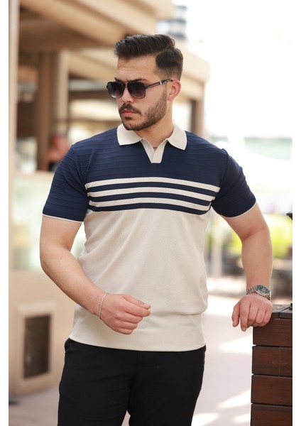 Erkek Çizgi Desenli Yakalı Kısa Kollu T-Shirt