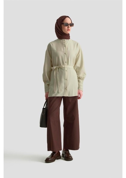 Nervürlü Oversize Tunik 25KD9013 Bej