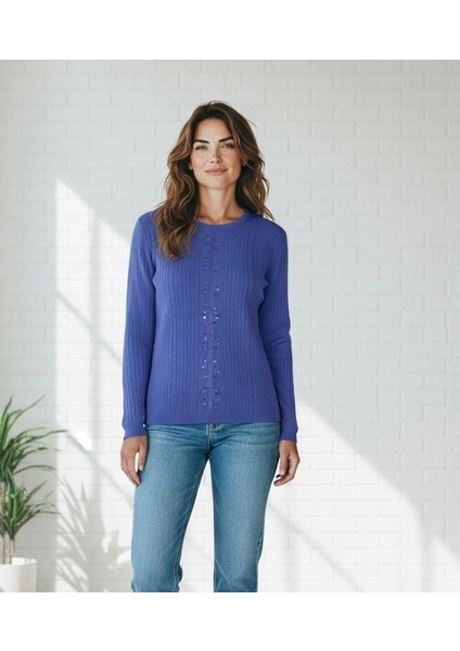Kadın Önü Taşlı Kendinden Desenli Sıfır Yaka Bluz