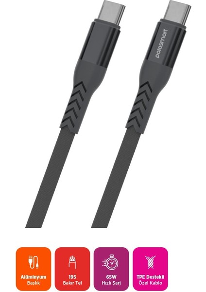PBS421 Hızlı 65W Type-C To Type-C Şarj ve Data Kablosu 1.2 Metre Gri fiyatları