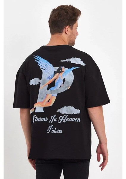 Erkek Melek Baskılı Oversize T-Shirt - Siyah fiyatları