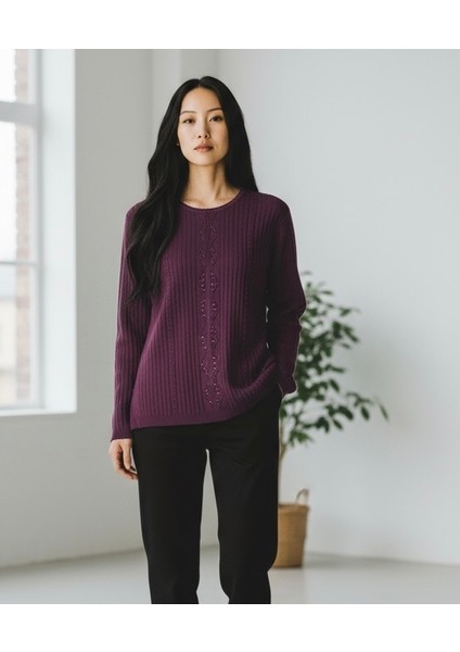 Kadın Önü Taşlı Kendinden Desenli Sıfır Yaka Bluz