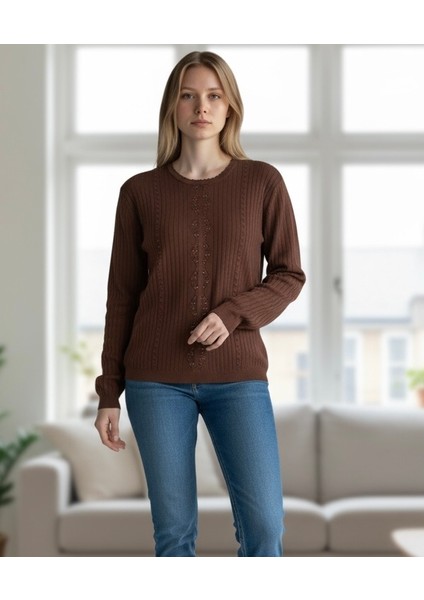 Kadın Önü Taşlı Kendinden Desenli Sıfır Yaka Bluz