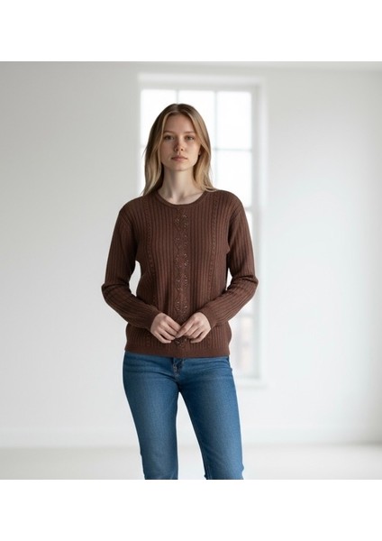 Kadın Önü Taşlı Kendinden Desenli Sıfır Yaka Bluz modelleri