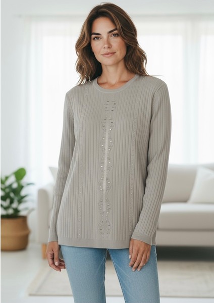 Kadın Önü Taşlı Kendinden Desenli Sıfır Yaka Bluz fiyatları