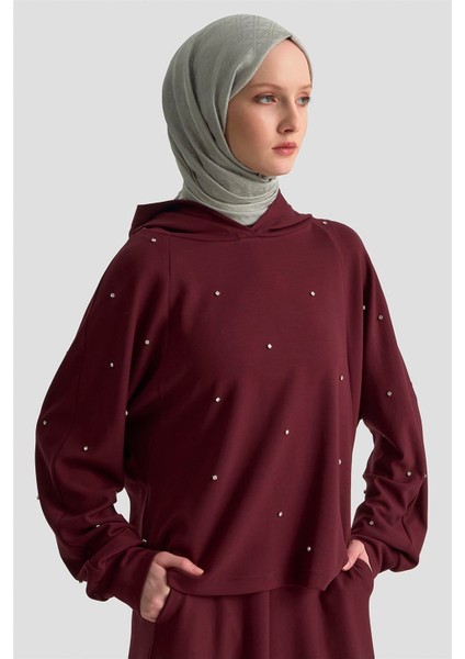 Taşlı Kapüşonlu Sweat 25KD4031 Mürdüm modelleri