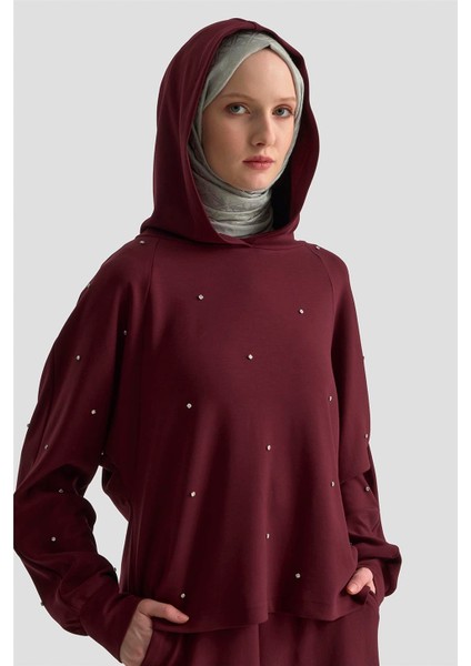 Taşlı Kapüşonlu Sweat 25KD4031 Mürdüm fırsatları