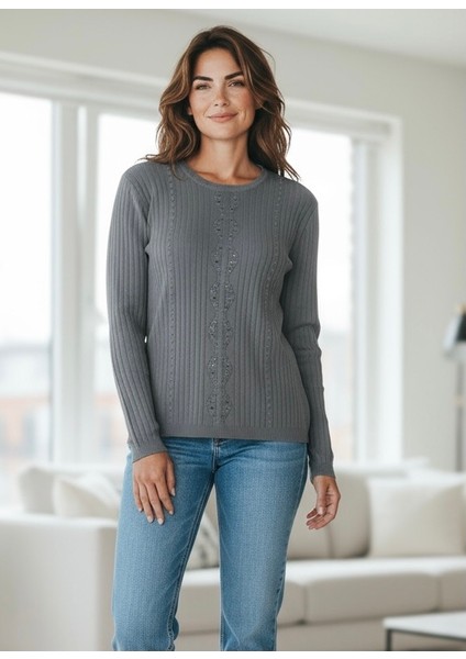 Kadın Önü Taşlı Kendinden Desenli Sıfır Yaka Bluz modelleri