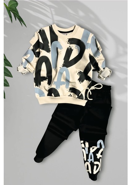 Harf Desenli Siyah Renk Erkek Çocuk Eşofman Takım fırsatları