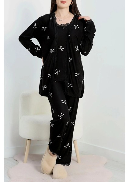 Siyah Kurdaleli 3lü Pijama Seti