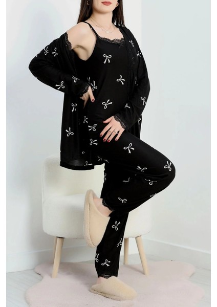 Siyah Kurdaleli 3lü Pijama Seti modelleri