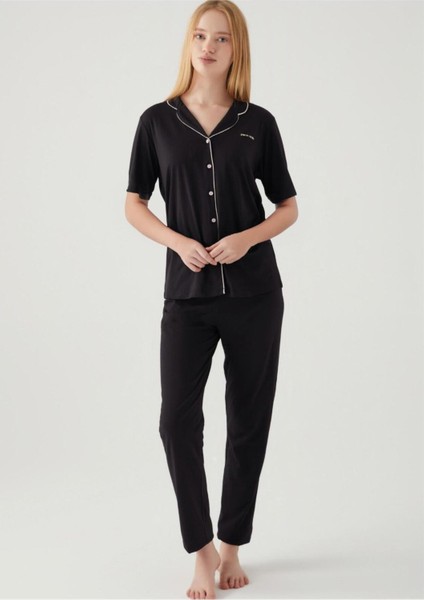 Kadın Siyah Modal & Pamuklu, Kısa Kollu , Önden Düğmeli, Kadın Pijama Takımı R.o.7.7.z.e.1.5.l.t.