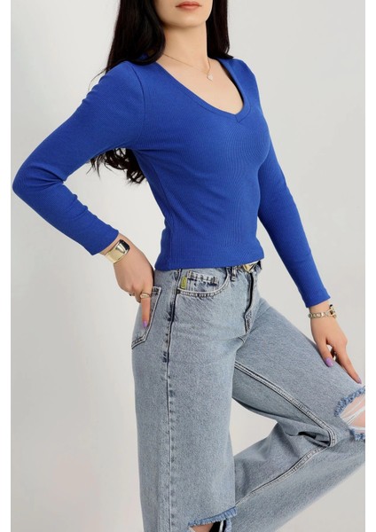 V Yaka Kaşkorse Bluz Saks Mavisi A3699 fiyatları