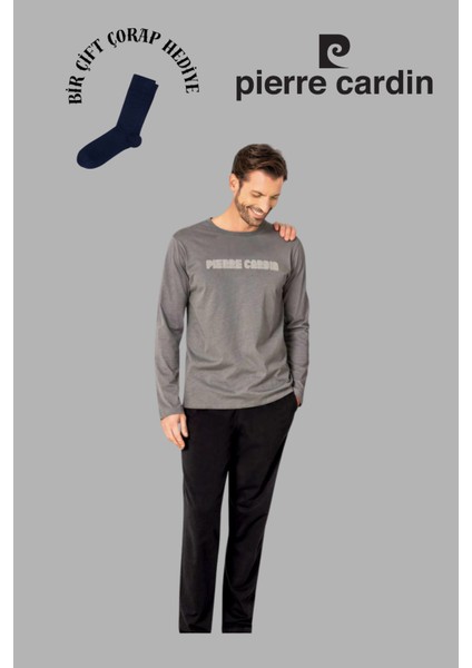 Erkek Gri Uzun Kol Pamuklu Pijama Takımı 1 Çift Çorap Hediye