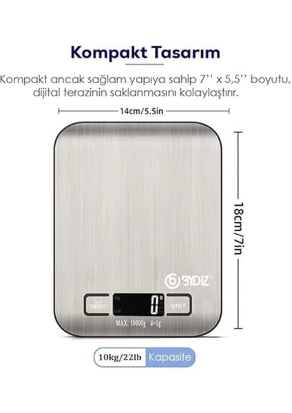 Dijital Mutfak Terazisi, Paslanmaz Çelik Yüzey, Hassas Tartım, Dara Işlevi