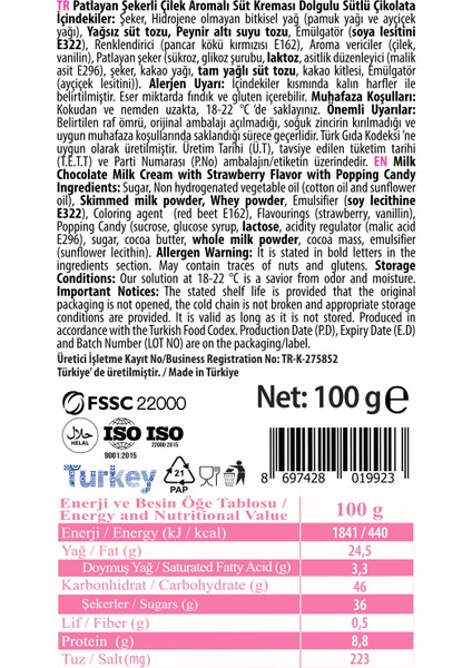 Chocobubu Patlayan Şekerli Çilek Aromalı Süt Kreması Dolgulu Sütlü Çikolata 100 Gr.