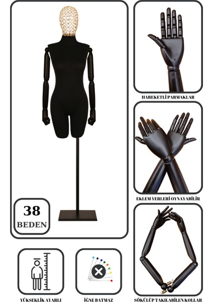 38 Beden Tel Kafalı Ahşap Kollu Pantolon Giyebilen Terzi Mankeni Vitrin Mankeni