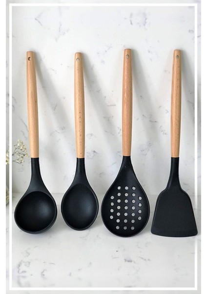 Bambu Saplı 4 Parça Mutfak Servis Seti, Kepçe, Kaşık, Kevgir, Spatula